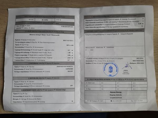 Eladó RIO NAUTICA, RIVA 4.50, kishajó, 50L JOHNSON motorral.